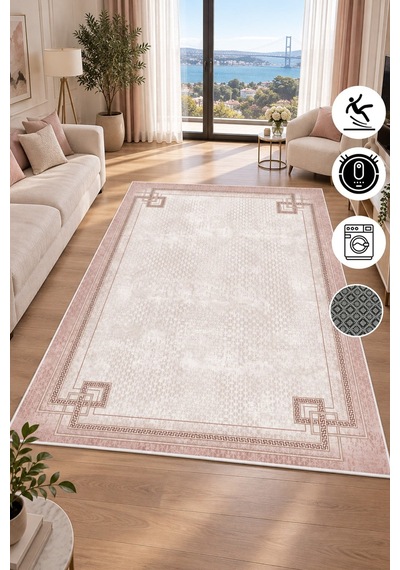 Modern Çerçeve Desenli Baskılı Kaymaz Yıkanabilir Salon Oturma Odası Mutfak Yatak Odası Halısı Yolluk Pembe