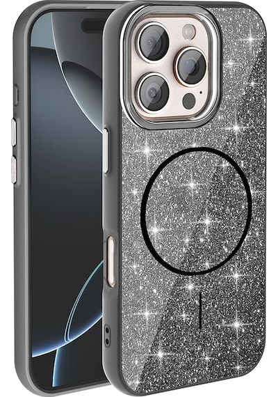 Goocamp Apple Uyumlu iPhone 16 Pro Max Kılıf Magsafe Şarj Özellikli Parlayan Simli Okso Kapak - S Siyah