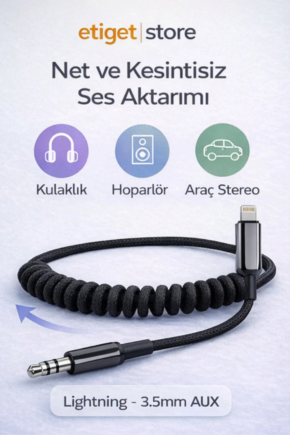 İphone 11/12/13/14 Uyumlu Kumaş Spiralli Aux Kablosu Kopmaz Dolaşmaz 1 Metre