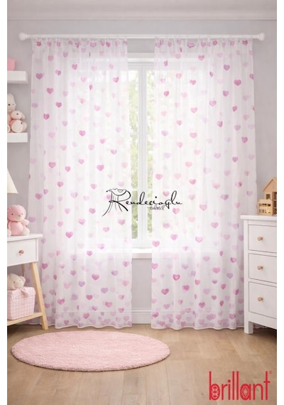Tül Perde Kalp Motifli Çocuk Odası Perdesi Örme Kumaş Brillant Markası Pembe