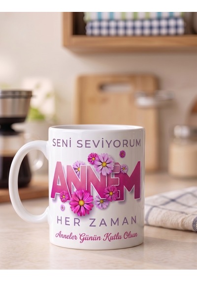 Seni Seviyorum Annem Her Zaman Anneler Günün Kutlu Olsun Yazılı Özel Tasarım Kupa Bardak Anneye Hediye Beyaz
