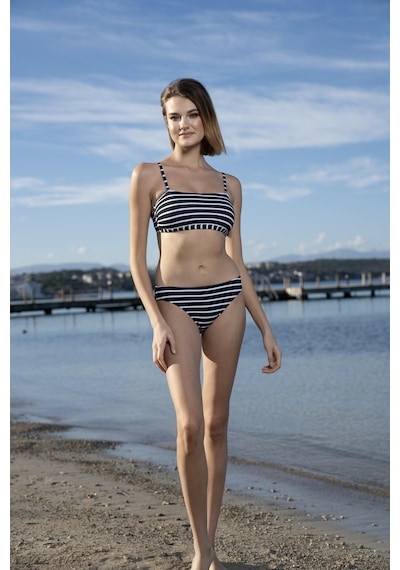 Estiva Çizgili Straplez İp Askılı Bikini Takımı - Siyah Beyaz Çok Renkli