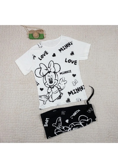 Momikon Kız Çocuk Minnie Mouse Baskılı Pamuklu Yazlık Takım Beyaz