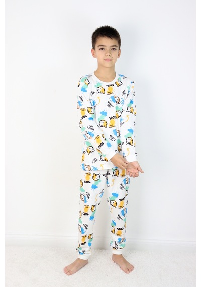 Harika Kids Erkek Çocuk Baskılı İnterlok Kumaş Uzun Kollu Pijama Takımı Beyaz - Mavi Harika Kids Erkek Çocuk Baskılı İnterlok Kumaş Uzun Kollu Pijama Takımı Beyaz - Mavi