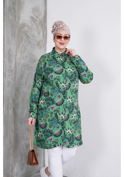 Polologin Butik Zümrüt Yeşil Bitki Desenli Gömlek Tunik Zümrüt Yeşili