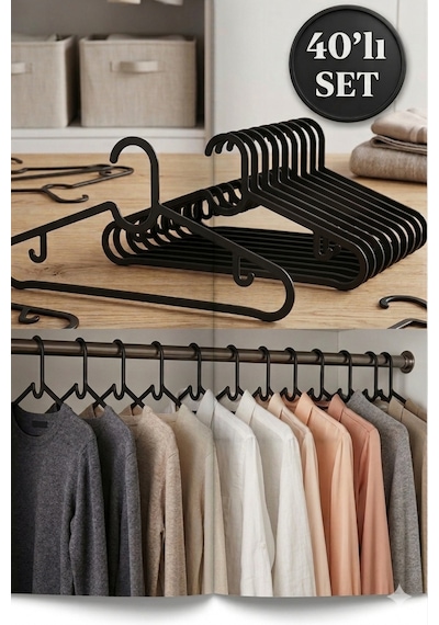 40 Adet Slim Askı Elbise Askısı ,etek Askısı, Pantolon Askısı, Bluz Askısı 40 Adet. Siyah