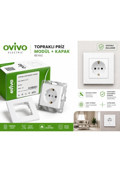 Ovivo Electric Grano Beyaz Tekli Topraklı Priz Çerçeveli