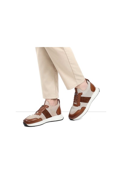 Erkek Taba Bej Bağcıklı Deri Sneaker
