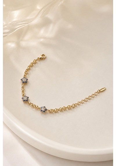 Balenbi Jewelry Kadın Üçlü Yıldız Figürlü Taşlı Kararmaz Çelik Bileklik 14k Gold 1142 Altın