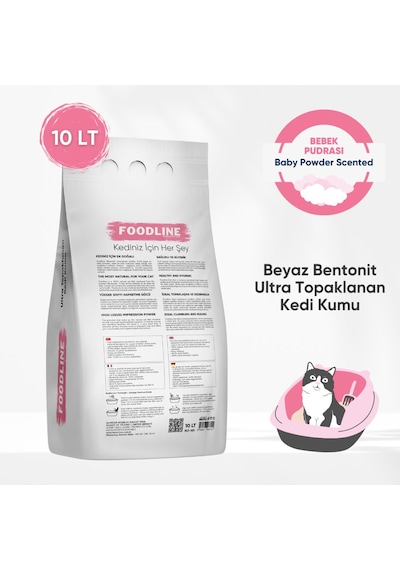 Foodline Bebek Pudrası Kokulu İnce Taneli Bentonit Topaklaşan Kedi Kumu 2 x10 L