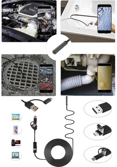Profesyonel Endoskop Yılan Kamera Arama Motor Içi Su Geçirmez Aralara Girebilen Tesisat Kamerası 10 Metre 3in 1 Usb-typc E - Mıcro Usb