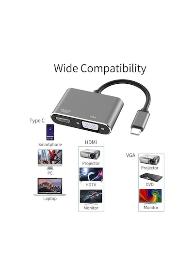 Type-C To Hdmi Vga Kombo Çevirici 4Kx2K Dönüştürücü Adaptör 4728