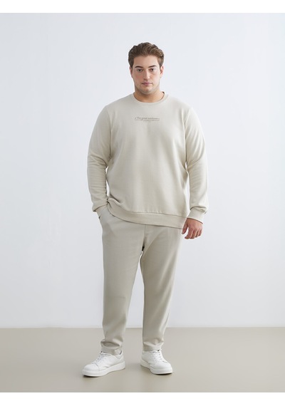 Lcwaıkıkı Classic Bej Büyük Beden Bisiklet Yaka Baskılı Kalın Erkek Sweatshirt