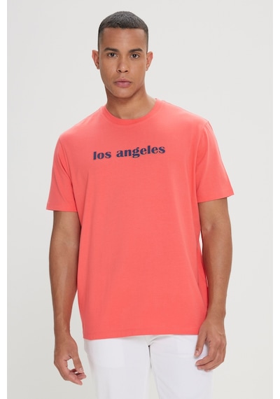 AC&Co / Altınyıldız Classics Erkek Mercan Comfort Fit Rahat Kesim Baskılı Bisiklet Yaka Tişört Mercan