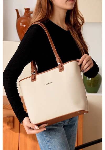 Just Polo Lüks Tasarım El Ve Omuz Çantası Boy: 25 En : 30 Cm Krem - Taba