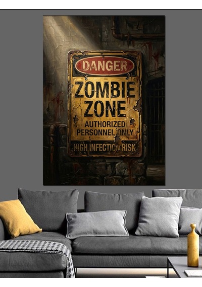 Retro Zombie Zone Uyarı Levhası Dekoratif Kanvas - Mdf Ahşap Tablo
