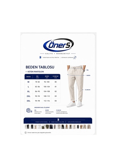 Öners Erkek Keten Alt Ham Bez %100 Pamuk Beli Lastikli Pantolon Bej Bej