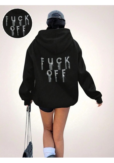 Afri Kadın Siyah Oversize Kapüşonlu Sweatshirt Taş Detaylı F Ck Off Yazılı Rahat Günlük Kapüşonlu Üst Siyah