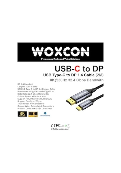 Usb-c To Display Port Cable, Dp1.4, Usb 3.2 Standart, 8k 30hz, 4k 120hz Desteği, Thunderbolt 4, Thunderbolt 3, 2 Metre, En Yeni Model