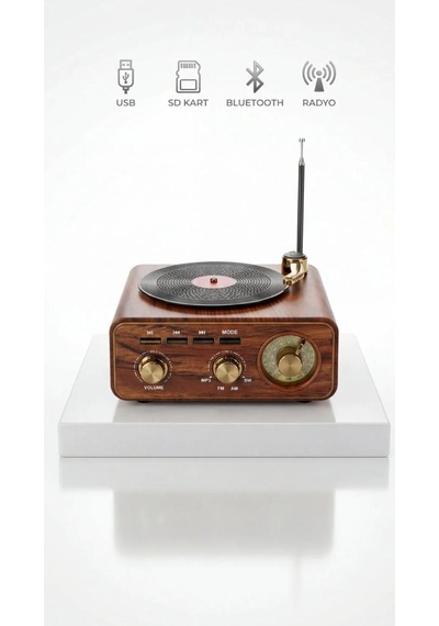 Özel Tasarım Ahşap Görünümlü Retro Vintage Nostaljik Radyo & Bluetootlu Mini Fm Radyo