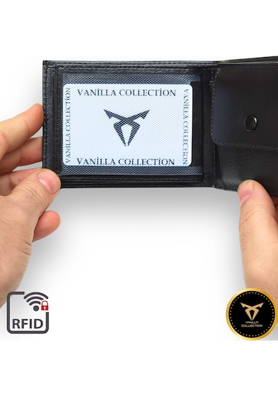 Vanilla Collection Premium Kalite Erkek Siyah Deri Cüzdan Bozuk Para Bölmeli 9 Kart Kapasiteli Siyah
