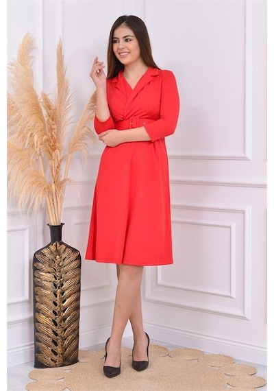 Dip Moda Kadın Kermerli Astarsız Krep Elbise Dpndbks016 Kırmızı