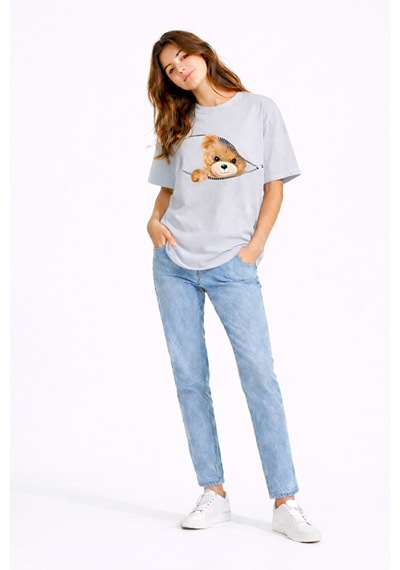 Fermuarlı Ayıcık Baskılı Kadın Tişört Oversize Sevimli Teddy Bear Çok Renkli