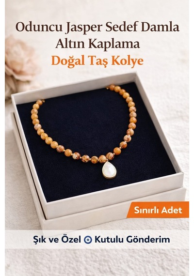Oduncu Jasper Sedef Damla Altın Kaplama Doğal Taş Kolye Kahverengi