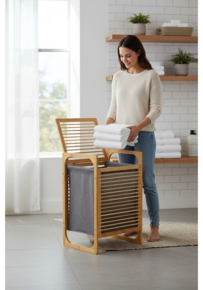 Porsima Pbt-350 Ahşap Bambu Kirli Sepeti Çok Amaçlı Banyo Düzenleyici Kirli Çamaşır Sepeti Organizeri Gri