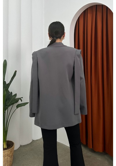 Kadın Oversize Blazer Ceket Kuşaklı Omuz Detaylı Gri
