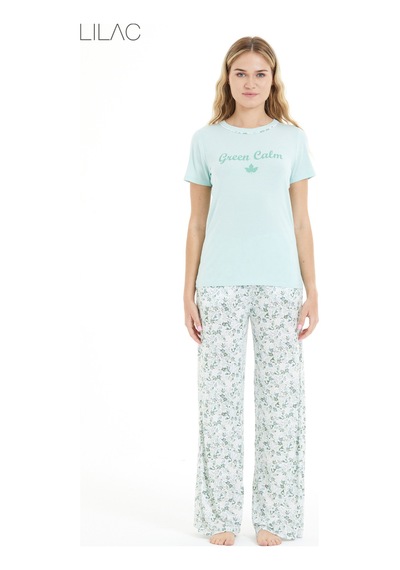 Lılac Kadın Çiçek Desenli %100 Viscon Pijama Takımı Mint Mint