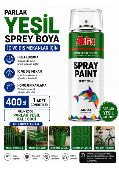 Akfix Sprey Boya Renk Seçiniz 400 Ml İç Ve Dış Cephede Kullanılabilir Mükemmel Kapatıcılık Yeşil Parlak