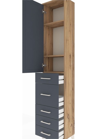 Arges Dolap 3 Raflı 5 Çekmeceli Tek Kapaklı 44x30x221 Çam-ant... Çam