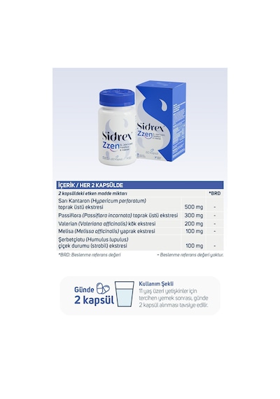 Sidrex Zzen Passiflora Valerian ve Sarı Kantaron İçeren Takviye Edici Gıda 60 Kapsül