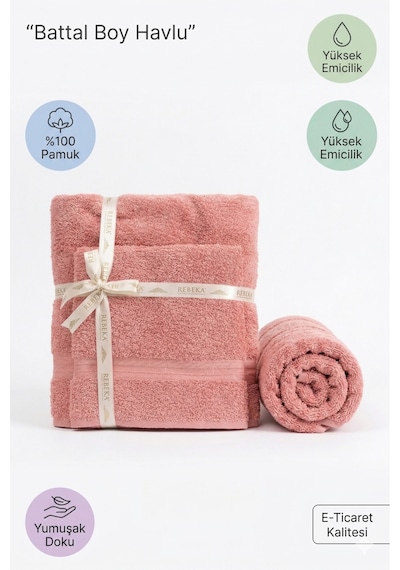 2 Li Battal Boy Banyo Havlu Seti - 100% Pamuk 90x170 Cm + 50x90 Cm Ekstra Yumuşak Emici Havlu Somon