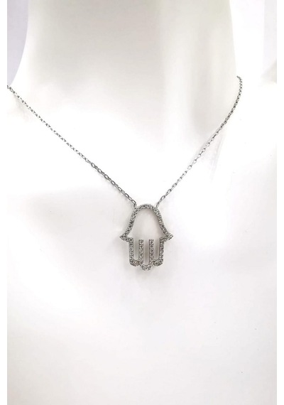 Omar Silver Kadın Fatma Ana Eli Model Zirkon Taşlı Gümüş Kolye Om (499190581)