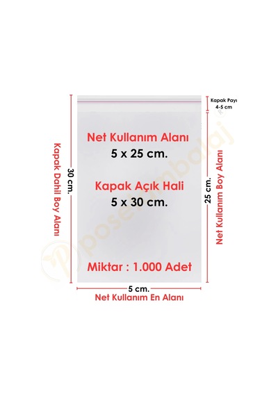 5x25+5 Cm. 5x30 1.000 Adet Şeffaf Bantlı Yapışkanlı Opp Poşet