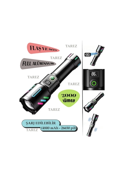 WS-9944 Uzun Menzilli Şarjlı Metal El Feneri, Dijital Şarj Göstergeli Profesyonel El Feneri 4800 mAh Pil 2000 Lümen Siyah