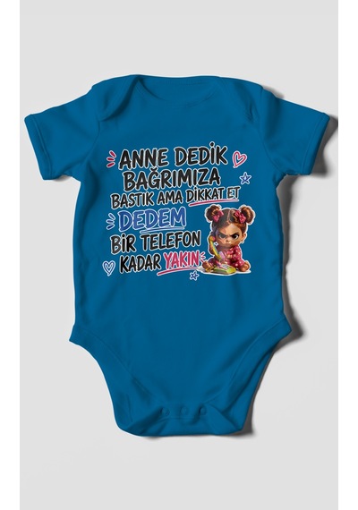 Morivokids Anneye Ve Dedeye Özel Kısa Kollu Bebek Body %100 Pamuk Koyu Mavi