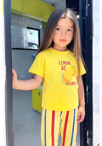 Monila Unisex Çocuk Pamuklu Sarı Limon Baskılı T-shirt Ve Eşofman Alt Üst Takım