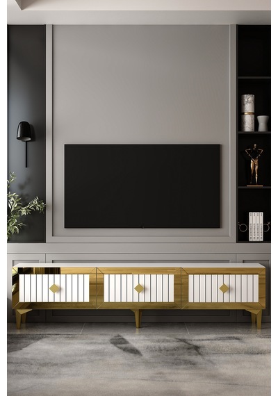 180dhdts4ba Lina 3 Kapaklı Pleksi Lazer Desen Tv Sehpası Beyaz-altın