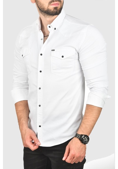 Deepsea Erkek Beyaz Slim Fit Pamuklu Cepli Kot Gömlek Çıtçıtlı Uzun Kollu Spor Gömlek 2502503 Beyaz