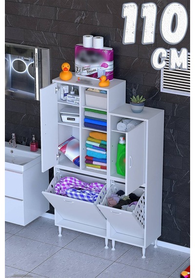 Ohbe 65 + 45cm Genişlik 160cm Boy 32,5cm Derinlik Kirli Sepetli 2 Kapak Çok Amaçlı Banyo Dolabı Beyaz Ohbe 65 + 45cm Genişlik 160cm Boy 32,5cm Derinlik Kirli Sepetli 2 Kapak Çok Amaçlı Banyo Dolabı Beyaz