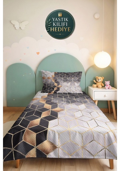 Gri Geometrik Modern Tek Kişilik Pike Takımı - Altın Çizgili Antrasit Beyaz 160x220 Cm Yatak Örtüsü Kırçıllı Yamaç Tonu