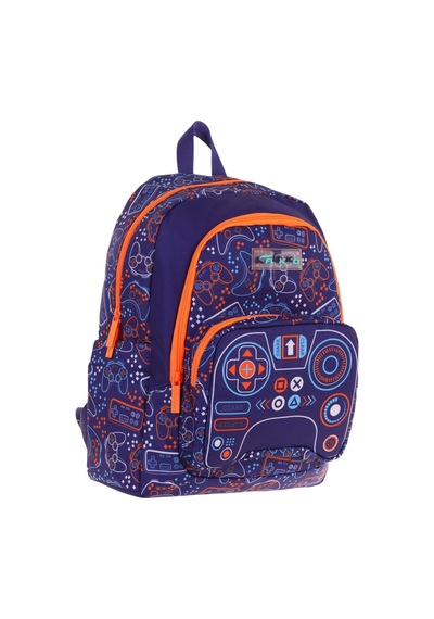 Kaukko Kids Üç Bölmeli Lacivert Turuncu - Oyun Desenli Erkek Çocuk Okul Ve Günlük Sırt Çantası - L5281 Lacivert - Turuncu