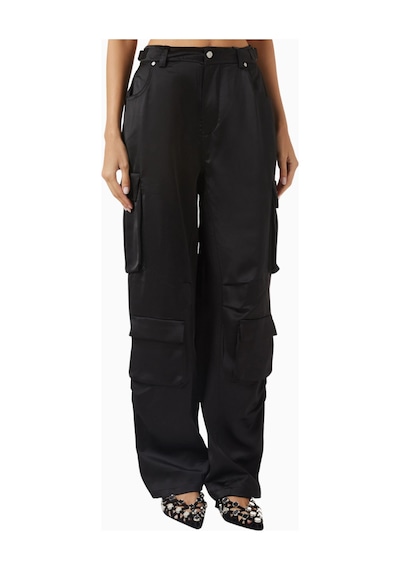 Maniere De Voir Emilie, Satin Geniş Paça Cargo Pantolon, Lüks Ve Fonksiyonel Tasarım Siyah
