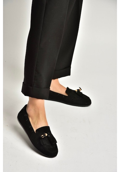 Fox Shoes Y602347002 Siyah Süet Püsküllü Kadın Günlük Ayakkabı Siyah