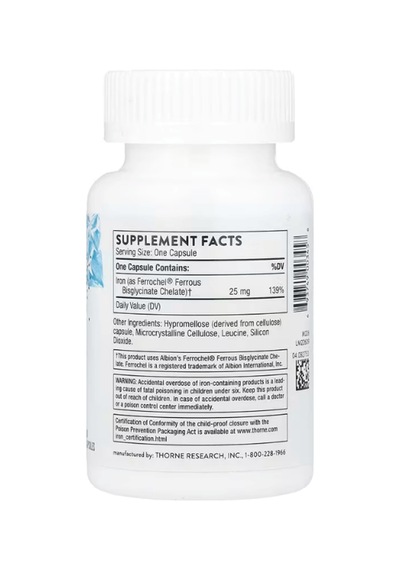 Thorne Iron Bisglycinate 60 Capsules 25 Mg Per Capsule .usa.