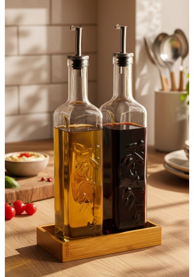 Lara - 2'li Bambu Standlı Cam Zeytinyağı Sıvıyağ Şişesi Yağdanlık Damlatmaz Yağlık Sirkelik 500ml
