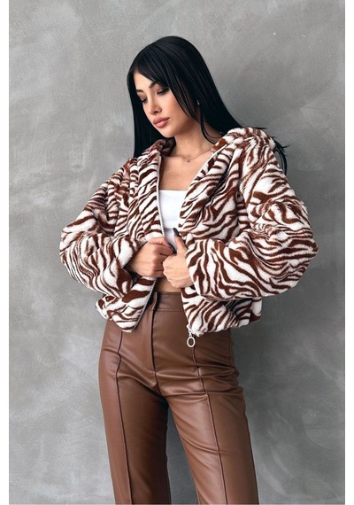 Verymoda Leopar Baskılı Peluş Mont F1654 Taba Zebra